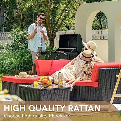 5 Pieces Patio Furniture Set Outdoor Sectional Sofa with Manual Weaving Wicker Rattan in Red Includes Cushions and Glass Table