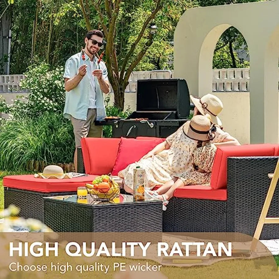 5 Pieces Patio Furniture Set Outdoor Sectional Sofa with Manual Weaving Wicker Rattan in Red Includes Cushions and Glass Table