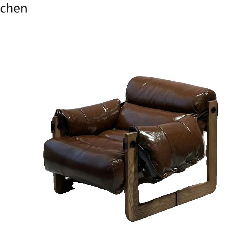 Single sofa chair medium antique solid wood retro home leisure bedroom leather