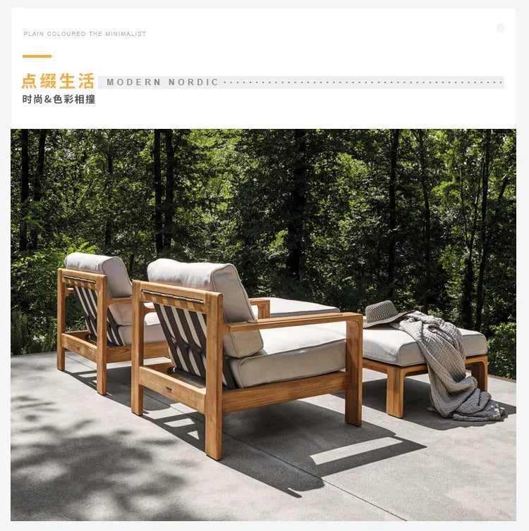 Nordic outdoor sofa balcony courtyard garden open-air waterproof and sunscreen high-end teak sofa coffee table combination