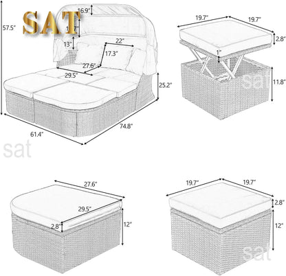 %a Patio Rattan Sunbed with Retractable Canopy, Round Outdoor Sectional Sofa Set with Separate Seating,liftable Table and Remov