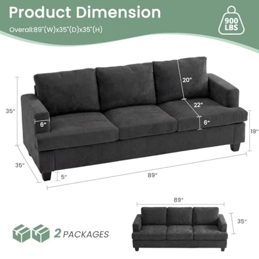 2 Piece Set Comfy Sofa Couch 3 Seater Loveseat with Deep Seats Modern Sleeper Couch for Living Room Dark Grey Chenille