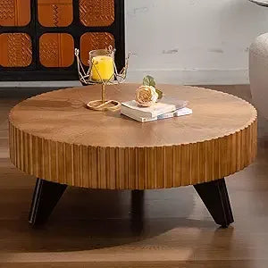 Round Coffee Table, Modern Black Side Table End Table for Living Room, Wood Circle Drum Coffee Table with Handcrafted Relief, Co