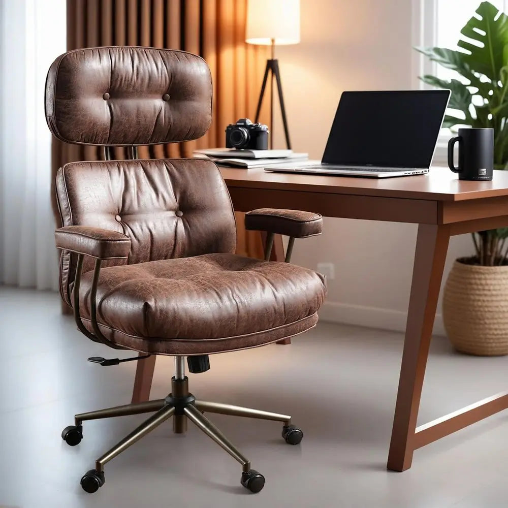 Ergonomic Century Modern Leather High-Back Swivel Chair with Plush Cushion, Brown Suede (Executive Office)