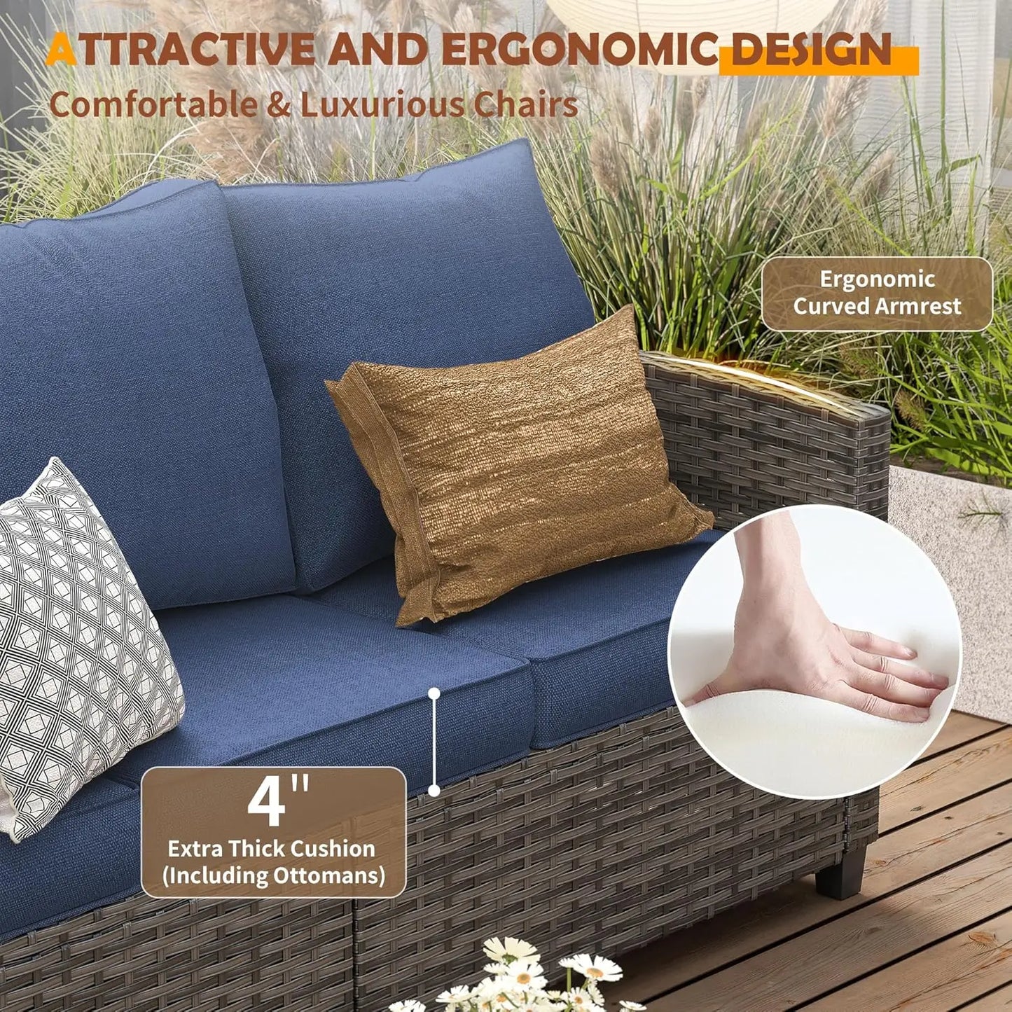 Patio Furniture Set, 6 Pieces Outdoor Sectional Couch with Swivel Rocking Chair, Gray Wicker Rattan Sofa with Side, Customized