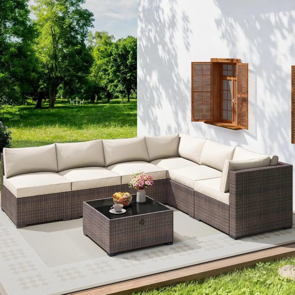 Seven Piece Patio Set, Rattan Wicker Sectional Sofa, Modern Modular Conversation Furniture