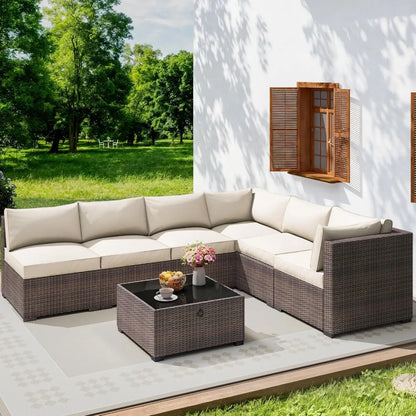Seven Piece Patio Set, Rattan Wicker Sectional Sofa, Modern Modular Conversation Furniture