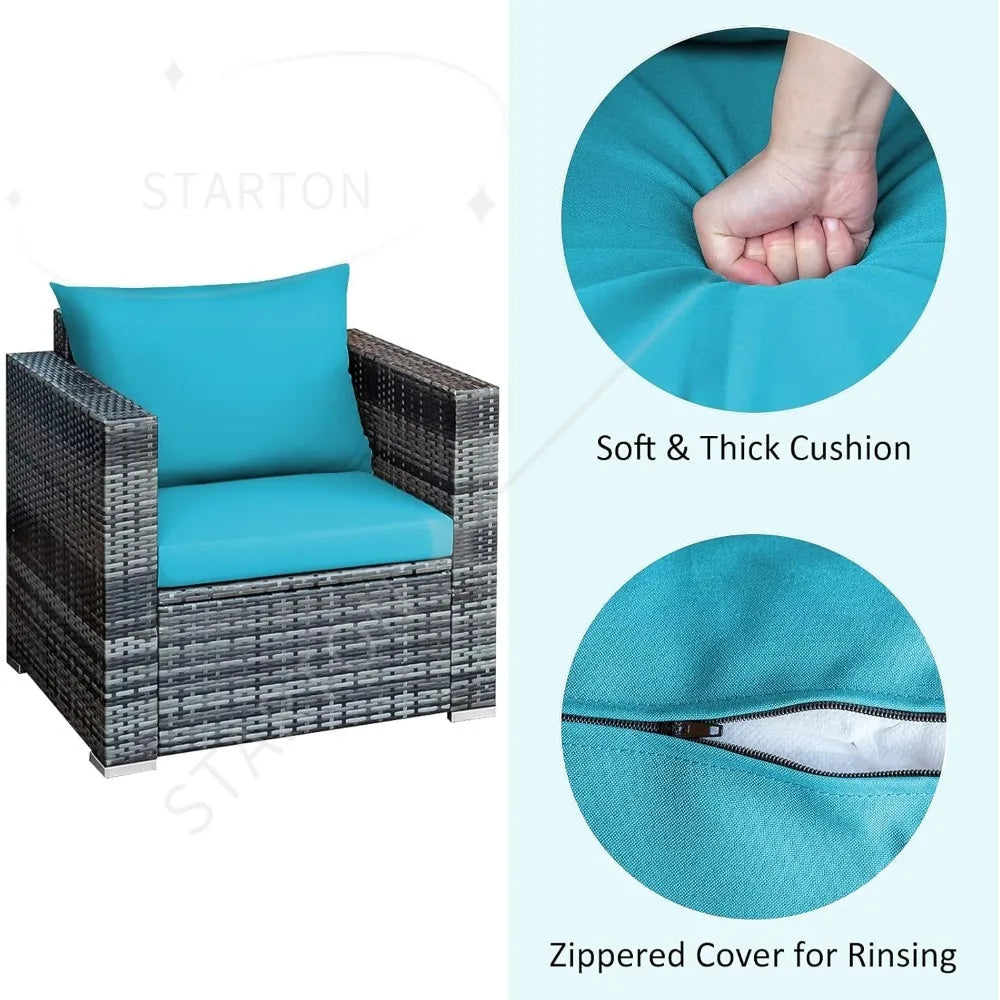 Three Piece Patio Set, Outdoor Rattan Sofa With Cushions, Tempered Glass Coffee Table, Wicker Conversation Furniture