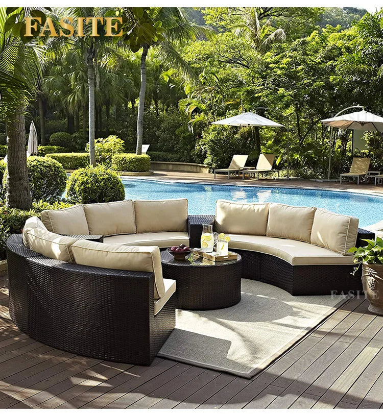 Outdoor round rattan sofa combination garden courtyard semi-circular rattan chair  hotel curved living room sofa