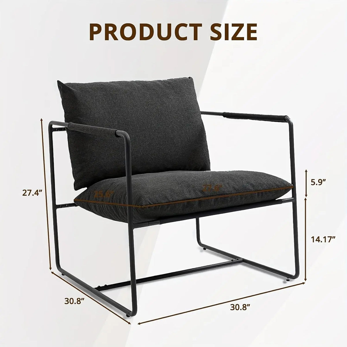 Modern Mid Century Accent Chair, Metal Frame Armchair with Shredded Foam Cushion, Upholstered Lounge Chair Dark Grey