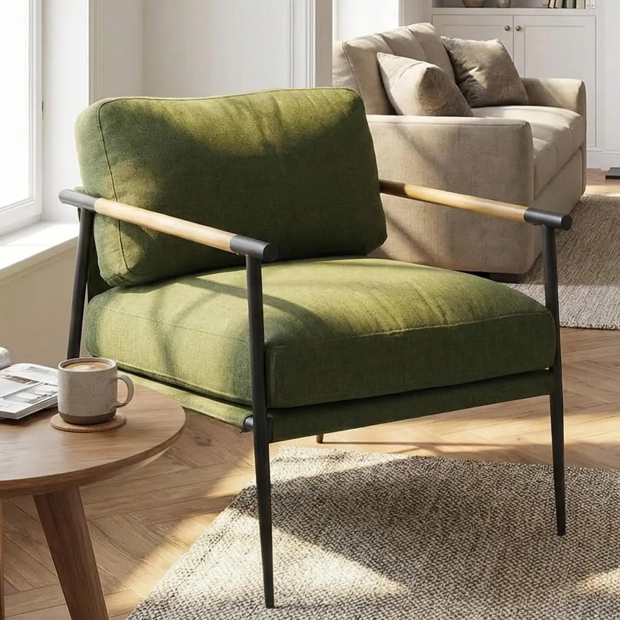 Beige Chenille Accent Chair Modern Living Room Chair with Metal Legs Armchair Lounge Chairs Upholstered Comfy, Customized