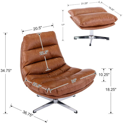 Swivel Accent Chair with Ottoman, Mid Century Modern Faux Leather Lounge Chair with footrest, Comfy Oversized, Customized