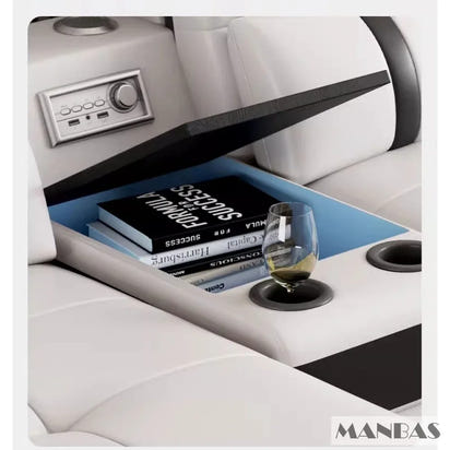 Modern Genuine Leather Sofa Living Room By MANBAS - Stylish Italian Couch with Bluetooth Speaker, USB & Adjustable Headrests