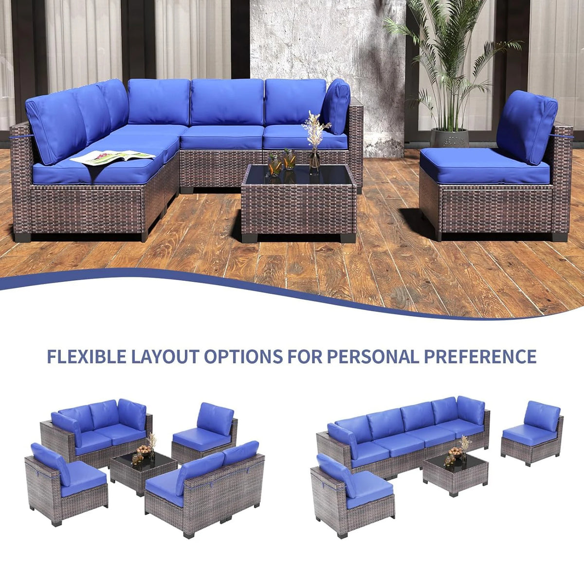 Outdoor Patio Sectional Sofa Set with 5 Pieces, PE Wicker Furniture, Conversation Area with Washable Cushions