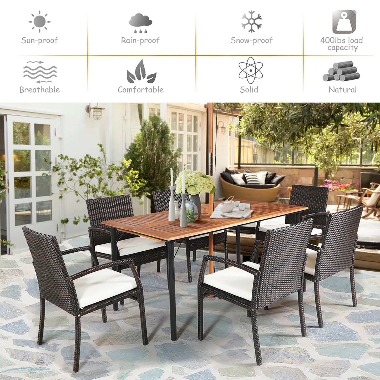 7PCS Patio Rattan Dining Set Chair Wooden Table Top W/Umbrella Hole