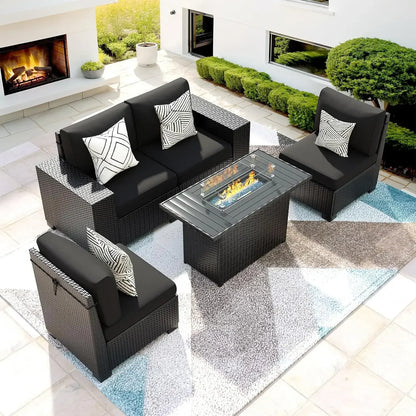 black wicker outdoor sectional sofa set with fire pit table for patio