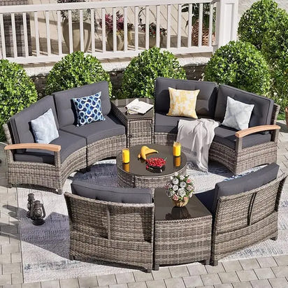 PatioLix 9 Piece Outdoor Patio Furniture Set, Half-Moon Curved Sectional Sofa Rattan Conversation Set with Wood Armrests, Coffee Table