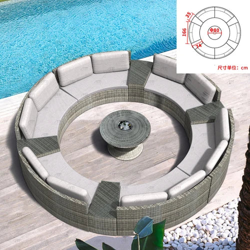 Sofa, courtyard, garden, leisure, outdoor living room, semi circular curved rattan chair, terrace, outdoor furniture combination