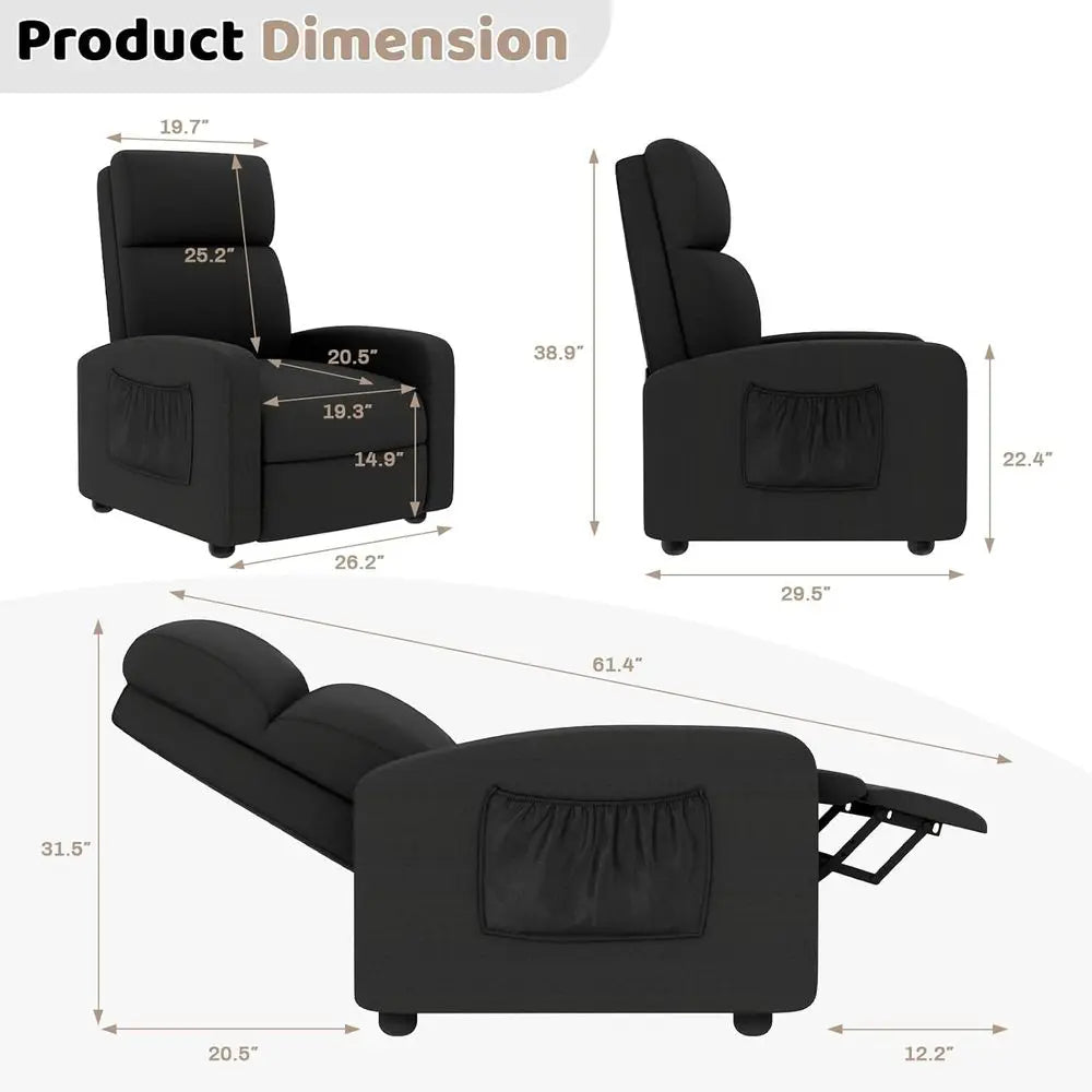 Black Linen Fabric Recliner Chair with Thicker Seat Cushion, Side Pocket, Adjustable Backrest and Footrest for Home Theater and