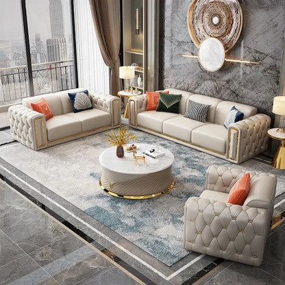 -Modern Luxury High-end Living Room Sofa Set Furniture Upholstered Full Leather Button Tufted Sofa Home