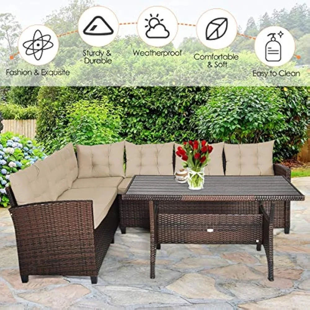 3-Piece Outdoor Patio Furniture Set Rattan Wicker Sofa Set with Seat & Back Cushions, Manual Weaving Conversation Set with Coff