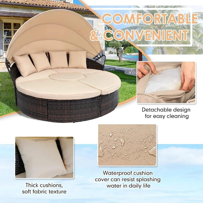Outdoor Patio Round Daybed with Retractable Canopy, Brown Wicker Furniture Sectional Couch with Washable Cushions, Back