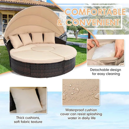 Outdoor Patio Round Daybed with Retractable Canopy, Brown Wicker Furniture Sectional Couch with Washable Cushions, Back