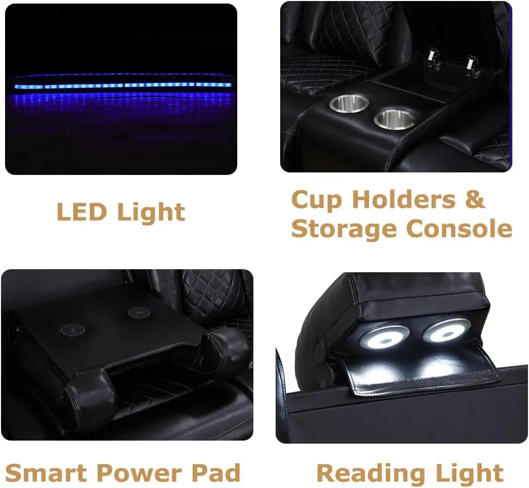 Power Recliner Sofa Set, Black Leather 3 Pieces Sectional Couch, Living Room Furniture Sets with LED Light, Modern Power