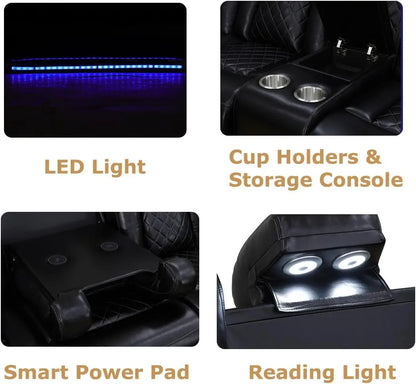 Power Recliner Sofa Set, Black Leather 3 Pieces Sectional Couch, Living Room Furniture Sets with LED Light, Modern Power