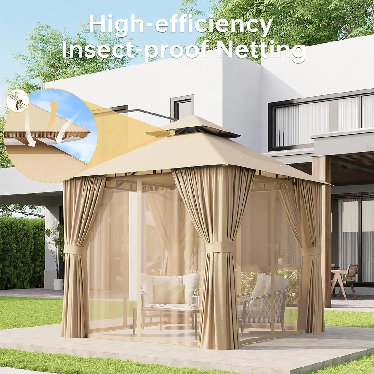 8x8 Gazebo with Curtain & Mosquito Netting Outdoor Heavy-Duty Party Tent with Double Roof, Patio Tent with Zipper, Custom