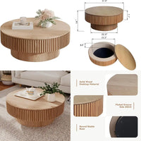 Modern Fluted Drum Coffee Table with Storage, Solid Wood Veneer, Circular Center Table for Living Room