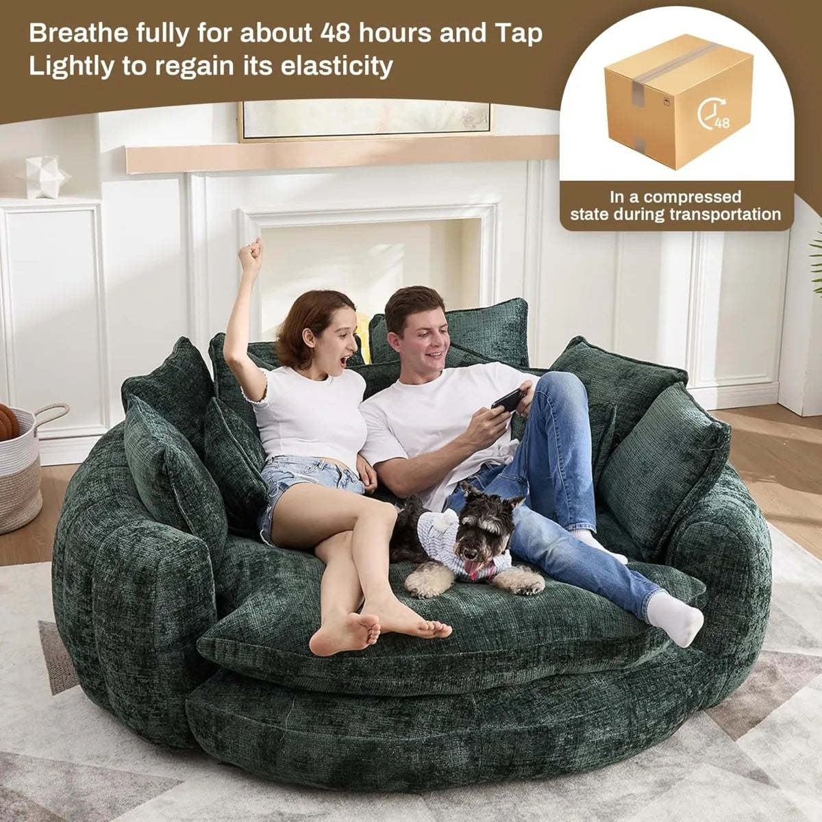 81" Round Bean Bag Chaise Lounge, Plush Sofa Includes 14 Pillows, Emerald