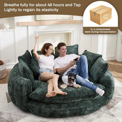 81" Round Bean Bag Chaise Lounge, Plush Sofa Includes 14 Pillows, Emerald