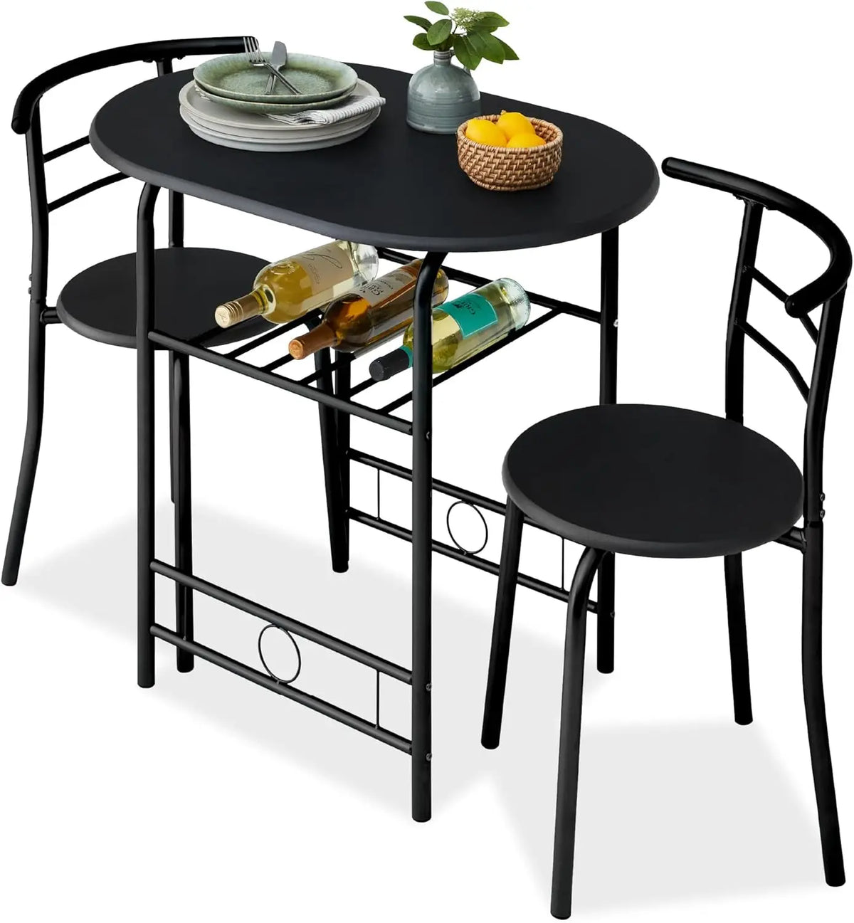 NICE 3-Piece Wooden Round Table & Chair Set for Kitchen, Dining Room, Compact Space w/Steel Frame, Built-in Wine Rack - Black