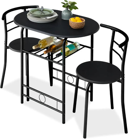 NICE 3-Piece Wooden Round Table & Chair Set for Kitchen, Dining Room, Compact Space w/Steel Frame, Built-in Wine Rack - Black