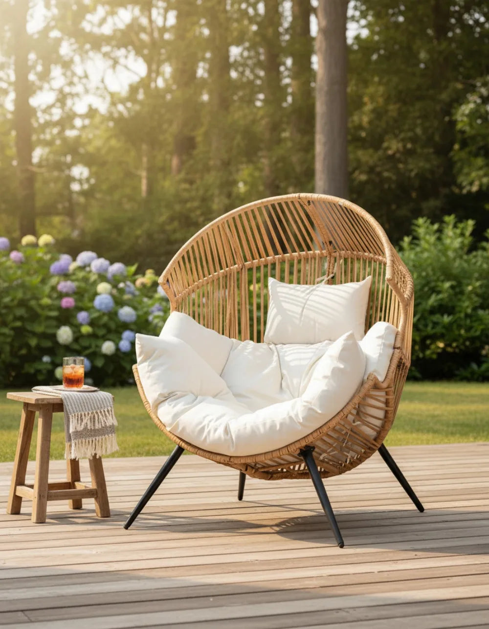 Oversized Wicker Egg Chair with Cushion, Indoor Outdoor Patio Lounger for Living Room Bedroom Balcony