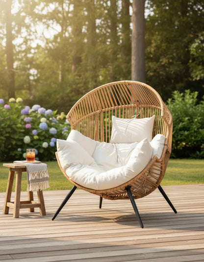 Oversized Wicker Egg Chair with Cushion, Indoor Outdoor Patio Lounger for Living Room Bedroom Balcony