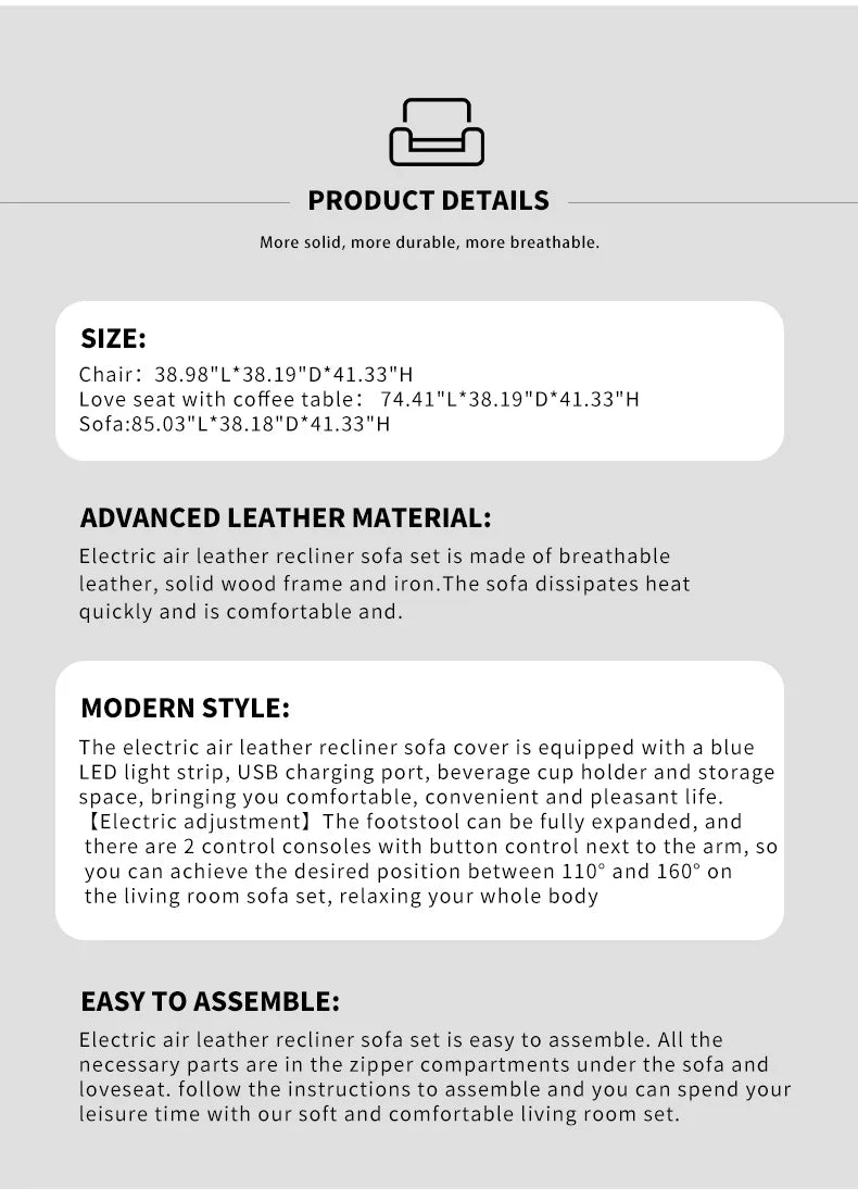 Power Reclining Sofa Couch with Wireless Charger 3 Seaters Recliner  Reading Light Leather Bluetooth Speaker Theater Seating LED