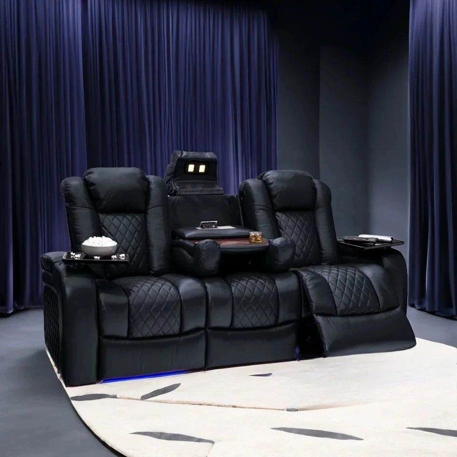 Luxury Dual Motors Power Reclining Sofa with LED Lighting, USB, Hidden Storage, Fold-Down Table & Tray – 3-Seat Recliner Sofa