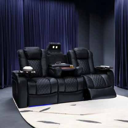 Luxury Dual Motors Power Reclining Sofa with LED Lighting, USB, Hidden Storage, Fold-Down Table & Tray – 3-Seat Recliner Sofa