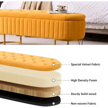 46" Tufted Upholstered Ottoman Bench – Gold Metal Legs & Hidden Storage | Multi-Functional Footrest for Living Room, Bedroom
