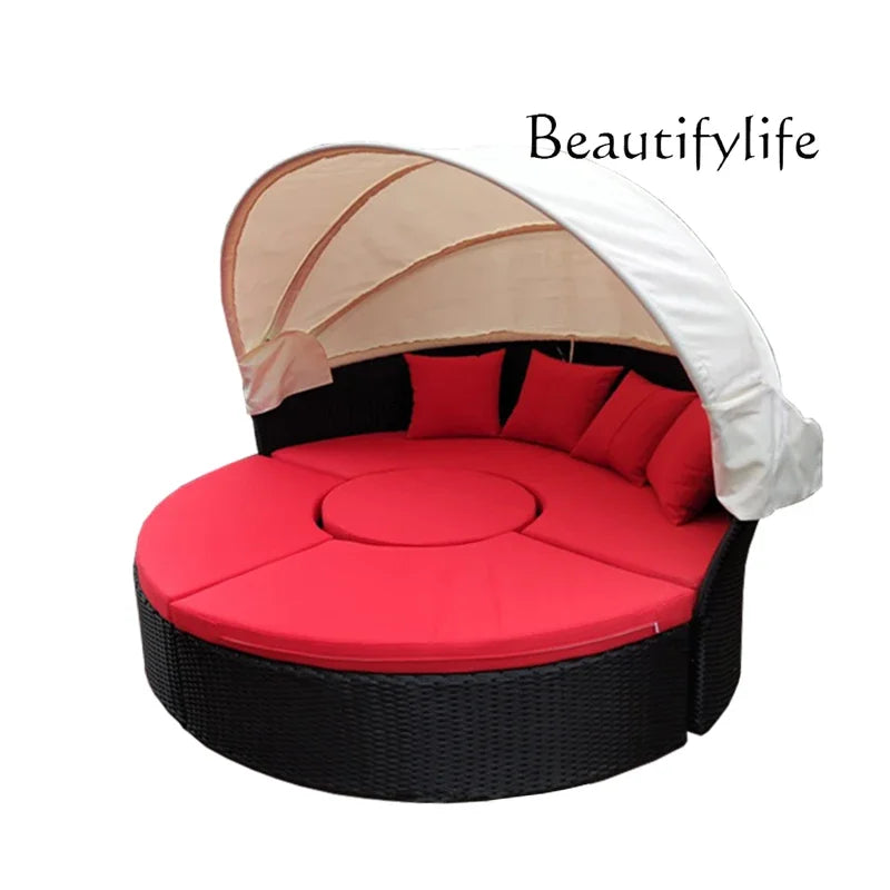 N Outdoor Lounge Leisure Ratten Bed Balcony Courtyard Sun Shade Sofa Outdoor round Bed