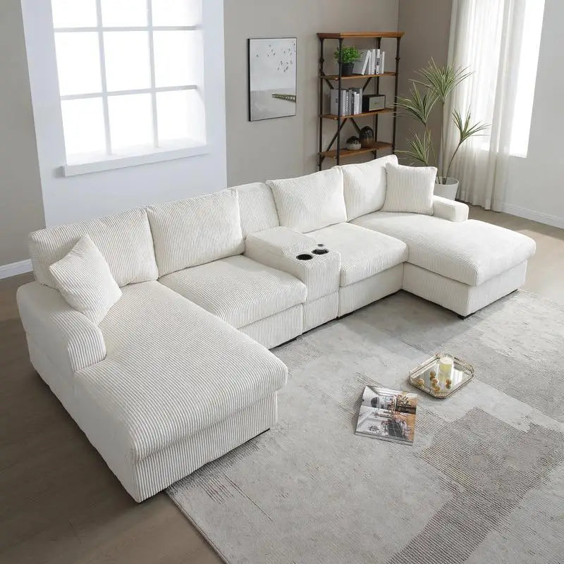 Oversized U-Shaped Cloud Sectional Sofa for Living Room, 126" Comfy Couch with Console & Cup Holder, Double Chaise in Beige