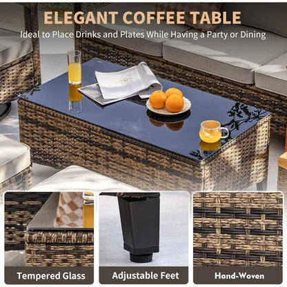 7 Pieces Patio Furniture Set with 44” Fire Pit Table Wicker Rattan Sectional Conversation Set with Coffee Table and 4”