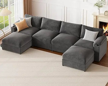 U-Shaped 6-Seat Velvet Cloud Sofa with Deep Seating and Convertible Sleeper for Living Room, 119.6 Inch Sectional Couch