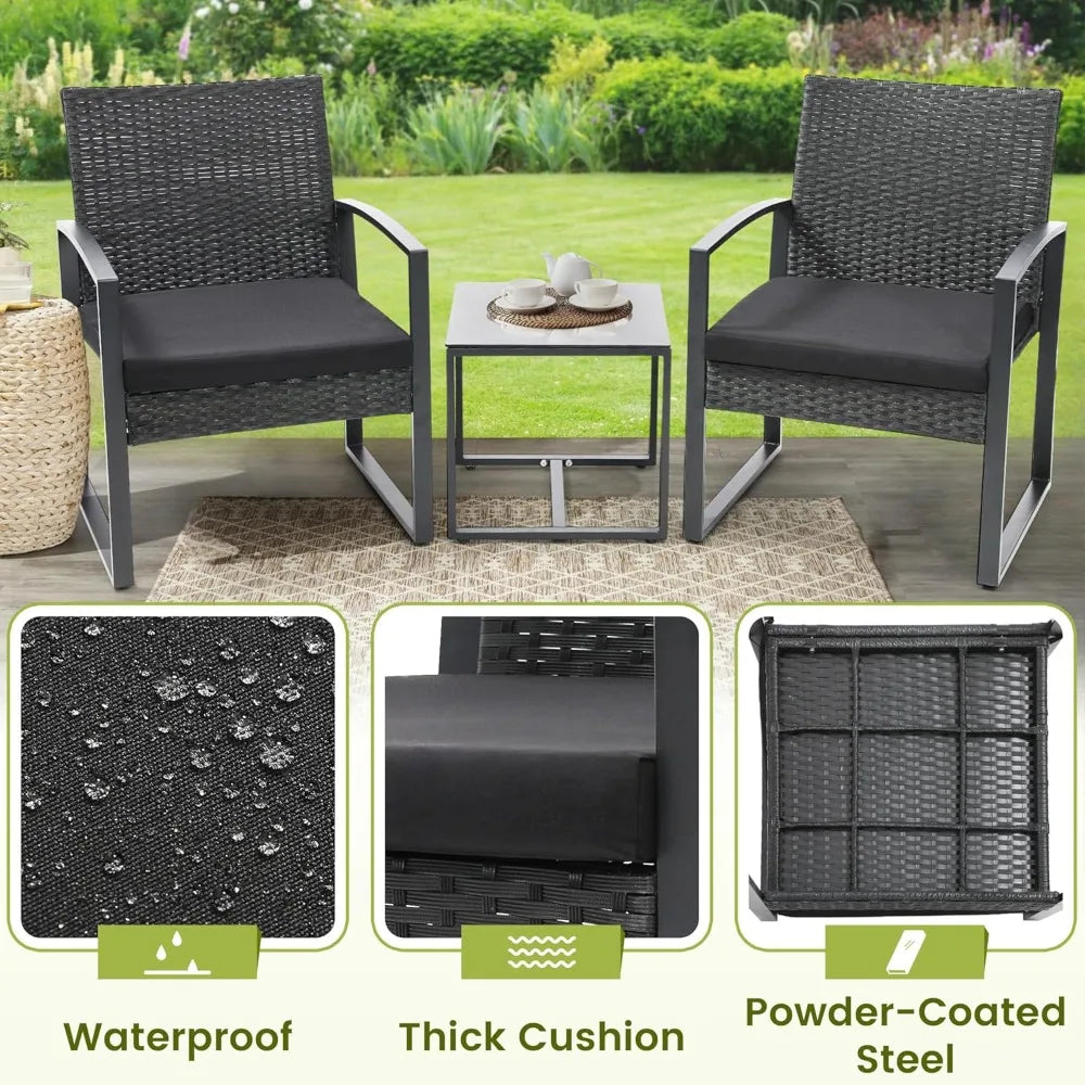 3 Piece Wicker Patio Bistro Set, Rattan Conversation Set with Coffee Table, for Balcony, Porch, Garden, Yard, Poolside, Black Fr