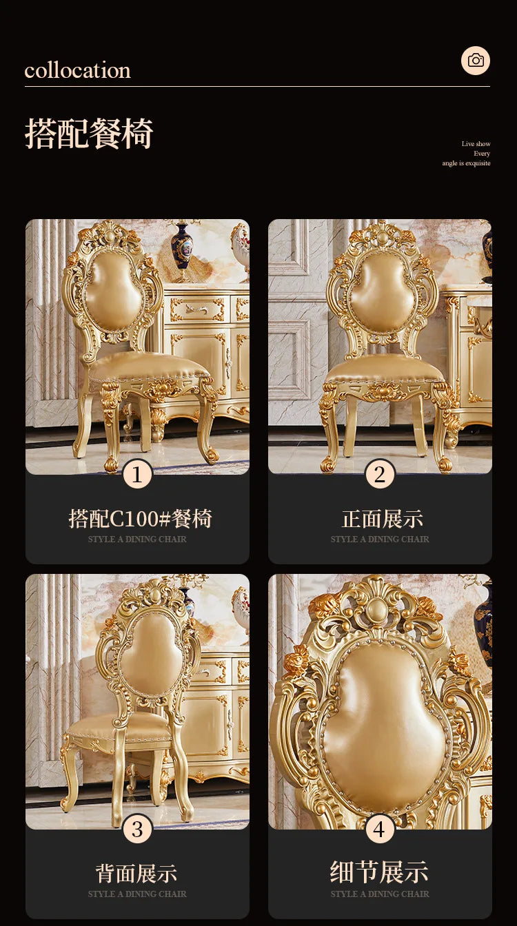 A07 European dining table and chair combination glass surface classical luxury solid wood carving flower round table with turnta