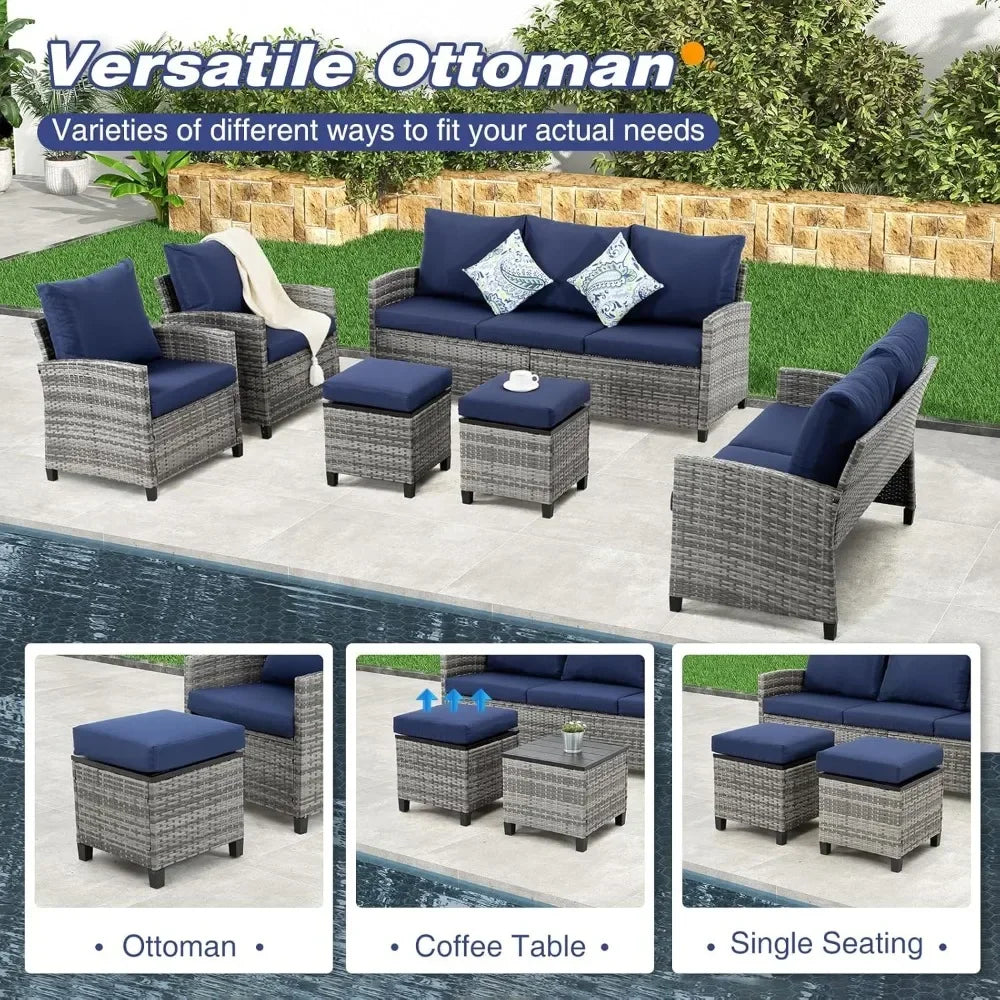 9 PCS Patio Furniture Set, Outdoor Wicker Conversation Sectional Sofa Couch Furniture Sets with Ottomans for Garden Balcony