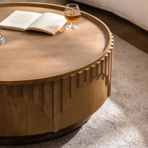 Coffee Table Round Wood Modern Solid Wood Veneer Handcrafted Relief Tea Table with Sturdy Pedestal for Apartment,Living Room