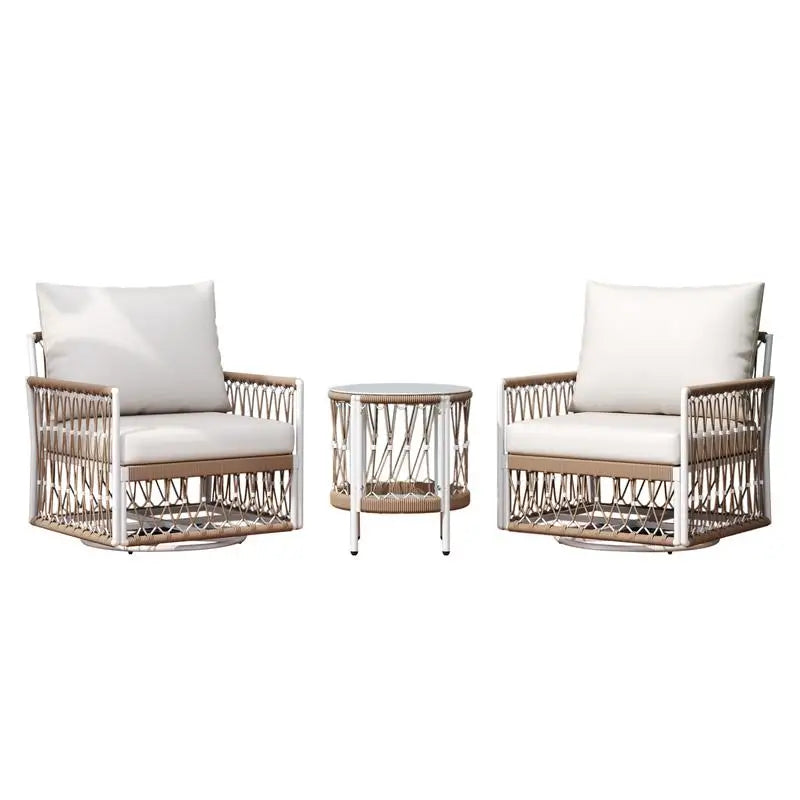 3-Piece Bohemian Outdoor Furniture Set with 2 Swivel Chairs and Glass Top Table - Handwoven Rope and Powder-Coated Steel Frame